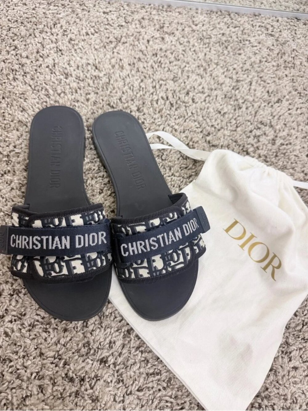 Christian Dior Oblique Print Adjustable Logo Strap Slip On Slide Sandals